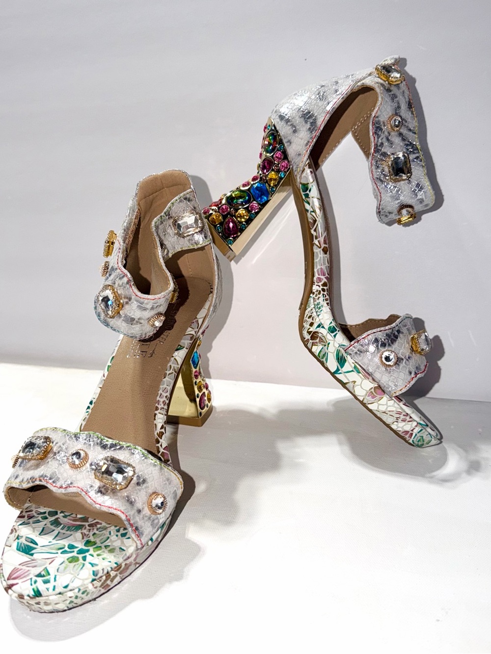 Jeweled White Floral Block Heel Sandals with Multicolor Gem Detailing